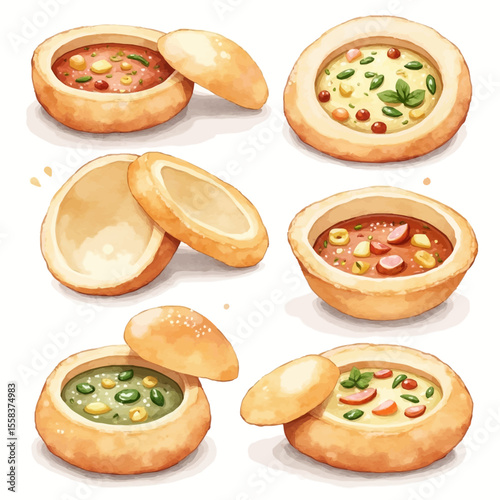 Colorful Bread Bowls Filled with Diverse Soups and Stews.