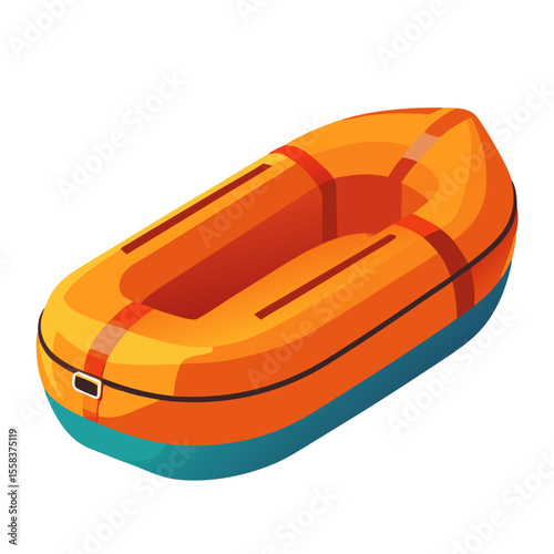 an orange inflatable life raft or dinghy boat with red interior seating, black rope details, and a teal bottom, designed for water safety and rescue operations.