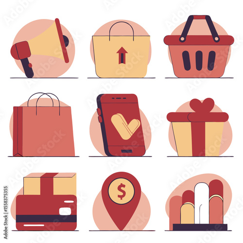 Collection of modern flat design icons representing shopping and e commerce concepts