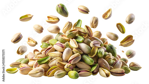 A burst of shelled pistachios falling against a clean isolated on white and transparent background