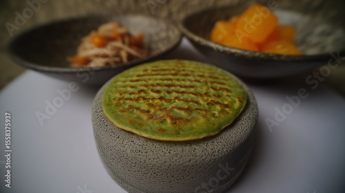 Fototapeta Naklejka Na Ścianę i Meble -  Hotcake japonés de matcha sobre pedestal cerámico, macro food styling minimalista, Dorayaki de té verde con textura a la plancha y fondo bokeh gastronómico