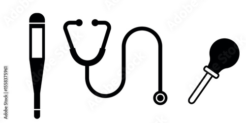 Healthcare equipment icons set including thermometer, stethoscope, and medical tool, symbols for examination, diagnosis, or treatment icon
