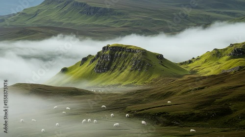 Serene Highland Landscape with Sheep in Misty Valleys