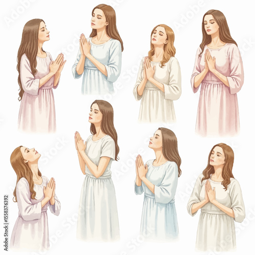 Diverse Women in Prayer Expressing Faith and Devotion in Various Poses.