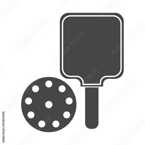 Ping pong paddle and ball icon design, simple black and white symbols representing sport, table tennis equipment, active play icon