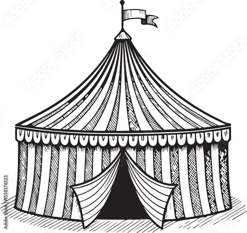 Striped strolling retro circus marquee tent Vector Illustration, Sketch Drawing Line Linear Symbol Icon Engraving Coloring Book, Hand-drawn Black and White Isolated