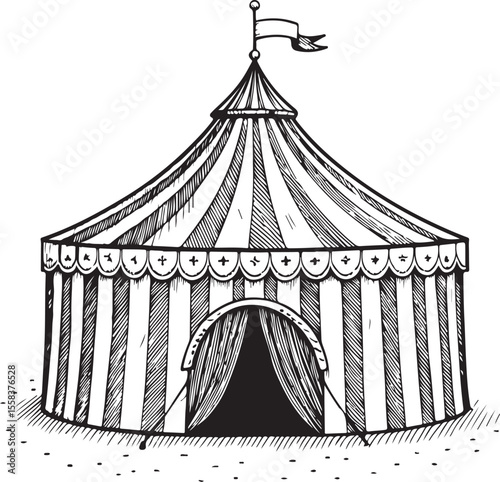 Striped strolling retro circus marquee tent Vector Illustration, Sketch Drawing Line Linear Symbol Icon Engraving Coloring Book, Hand-drawn Black and White Isolated