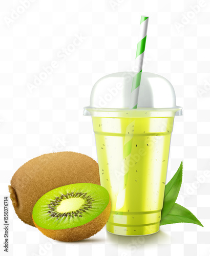 Clear plastic cup with kiwi juice or smoothie. Fruit cocktail. Cup with sphere dome cap for milkshake, lemonade, or cold soft drinks. Mug of fruity organic shake. Realistic 3d vector template