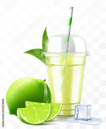 Clear plastic cup with lime juice or smoothie. Cup with sphere dome cap for lemonade or cold soft drinks. Fruity organic shake with ice cube. Fruit cocktail. Realistic 3d vector template