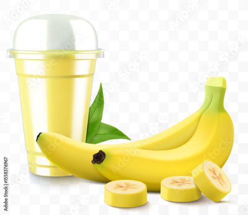 Clear plastic cup with banana juice or smoothie. Fruit cocktail. Cup with sphere dome cap for milkshake, lemonade, cold or hot drink. Mug of fruity organic shake. Realistic 3d vector template