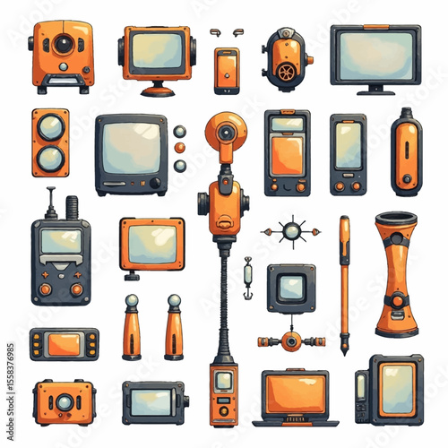 Steampunk-Inspired Gadget Collection: Retro-Futuristic Devices with Orange Accents.