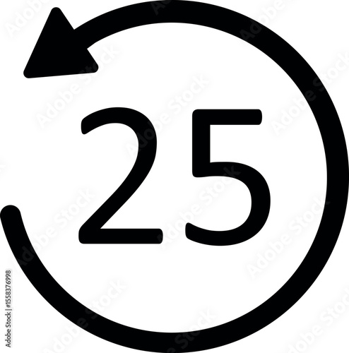 Rewind 25 seconds icon. Flat vector symbol for media playback, video rewind, or audio control button