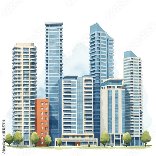 Watercolor Illustration of Modern City Skyline with High-Rise Buildings.