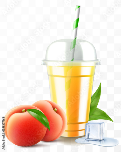 Clear plastic cup with peach juice or smoothie. Fruit cocktail. Cup with sphere dome cap for milkshake, lemonade, cold or hot drink. Mug of fruity organic shake. Realistic 3d vector template