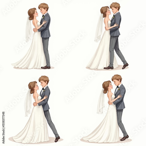 Four depictions of a newlywed couple embracing in formal attire gazing lovingly.