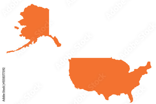 Orange silhouette of the USA map with Alaska separated, illustrating the geographic location and borders of the United States icon