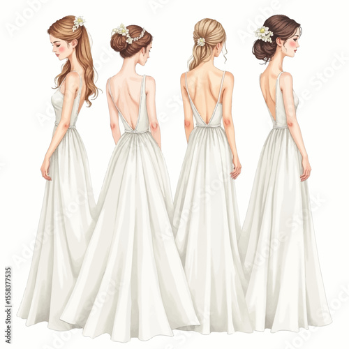 Elegant Bridesmaids: Four Women in Flowing White Gowns with Floral Hair Adornments.