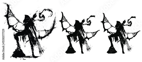An elegant archer girl in a riding hood. She stands in an epic pose with three arrows in one hand and a huge bow in the other. The bowstring is like a spider's web. 2d ink art