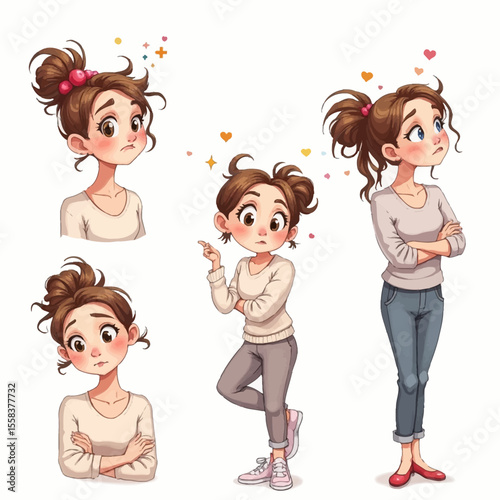 Four Cartoon Women Expressing Various Emotions and Poses with Thought Bubbles.