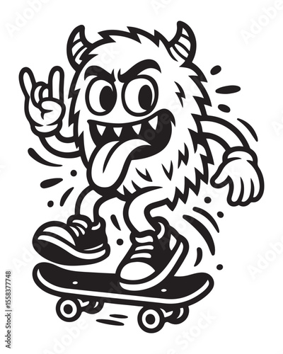 Energetic cartoon monster skateboarding with a rock hand gesture, fun and wild character in bold vector ink style.