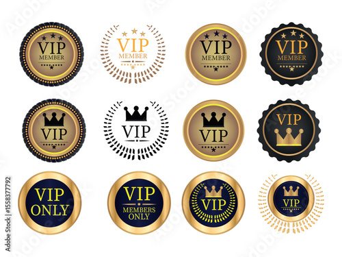 Various VIP member badges set with crown, stars, and text VIP for elite status and premium access, luxury membership icon