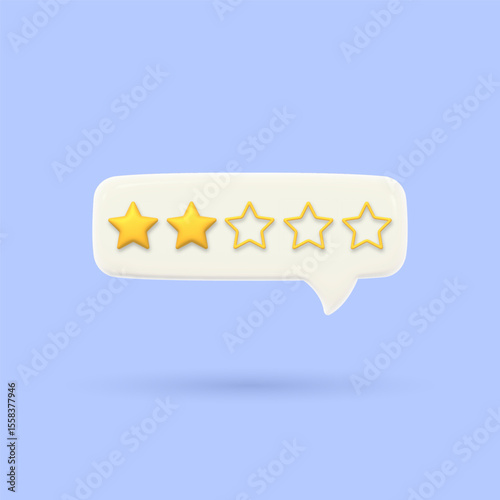 3D speech bubble with two gold rating stars. Visualizing poor service quality assessment. Customer feedback. Volumetric chat messages. Render of voting, rating or survey on the product
