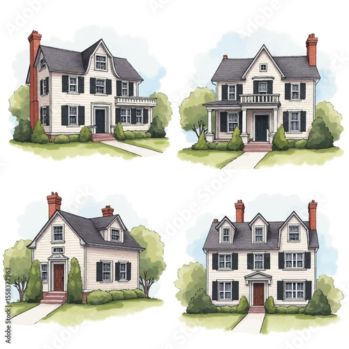 Four Charming Watercolor Illustrations of Classic American Homes.