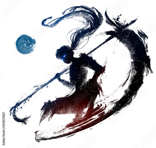 Bild auf Leinwand A black silhouette with a graceful ninja girl with a huge scythe squats