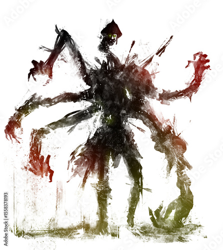 A nasty mutant zombie with lots of arms. He is a former soldier disfigured by magic, wounded by many arrows and spears, and continues to advance into battle without feeling pain. 2d blob art silhouett