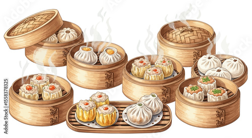 Diverse Selection of Steamed Dim Sum in Traditional Bamboo Baskets.