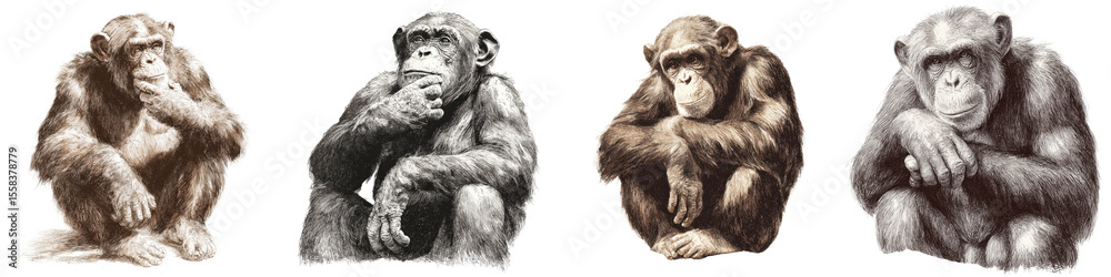 Fototapeta premium Chimpanzee Illustration Collection: Vintage Monkey Drawings on White