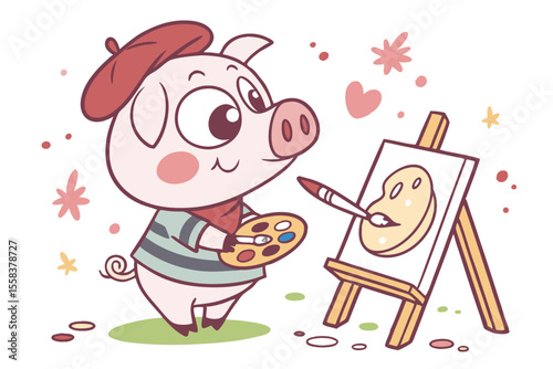 Vector cute Pig cartoon character, painting on a canvas, artistic expression, wearing a beret, paint splatters, creative studio setting hint, bright and varied colors, isolated on white ba