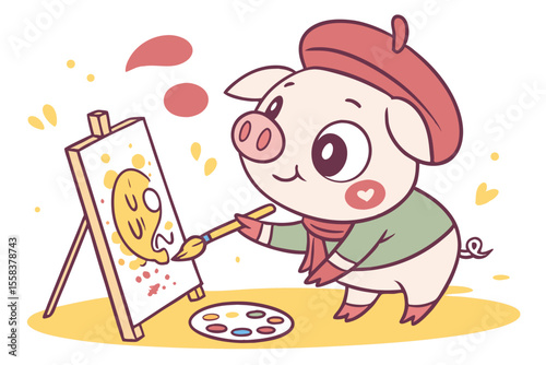 Vector cute Pig cartoon character, painting on a canvas, artistic expression, wearing a beret, paint splatters, creative studio setting hint, bright and varied colors, isolated on white ba