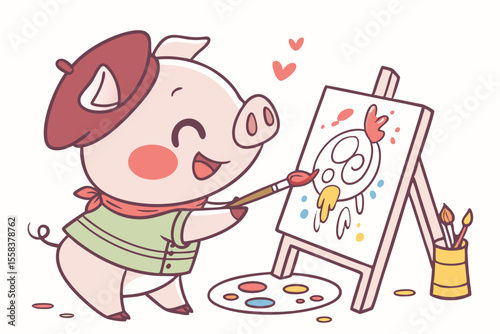 Vector cute Pig cartoon character, painting on a canvas, artistic expression, wearing a beret, paint splatters, creative studio setting hint, bright and varied colors, isolated on white ba