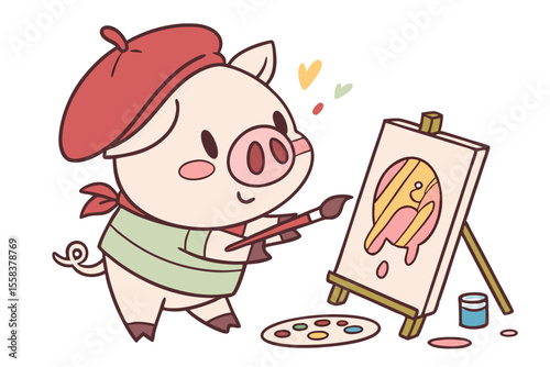 Vector cute Pig cartoon character, painting on a canvas, artistic expression, wearing a beret, paint splatters, creative studio setting hint, bright and varied colors, isolated on white ba