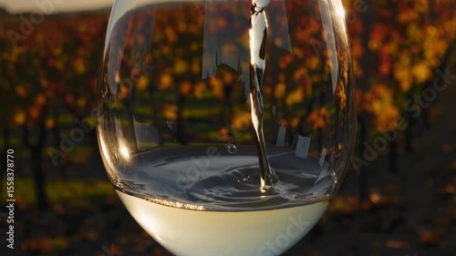 Sunlight bathing golden vineyard, premium white wine pouring into crystal glass amid warm autumn colors and soft glowing landscape
