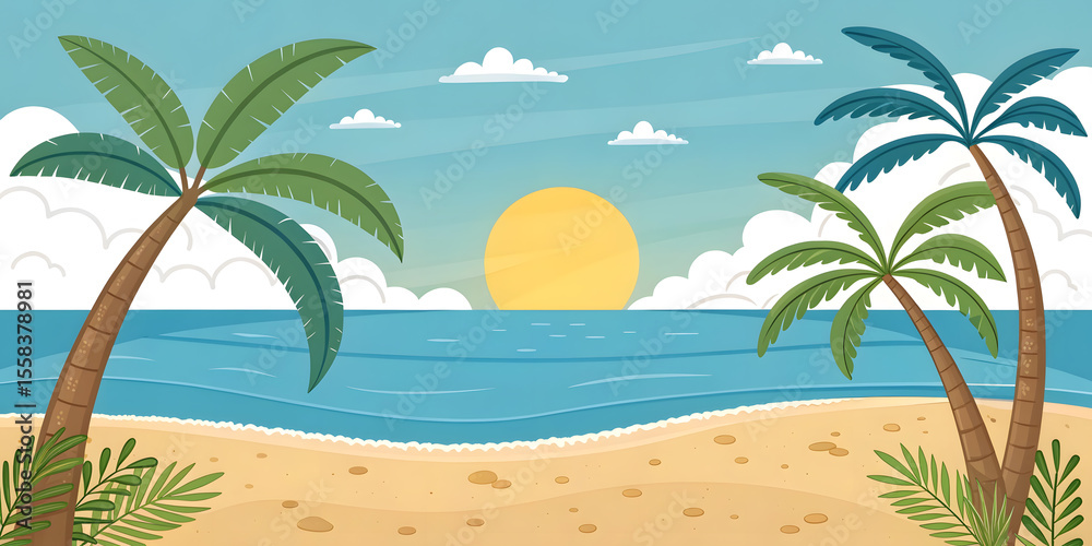 Obraz premium Tropical beach scene with palm trees and the sun setting over the ocean