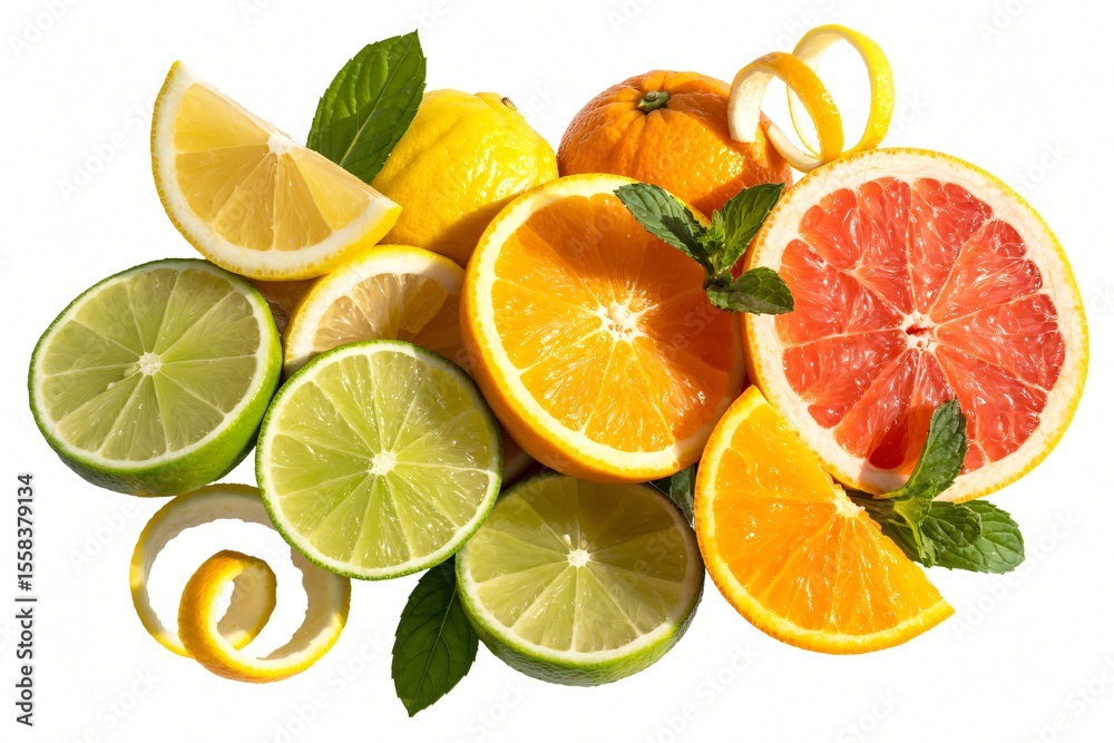 Obraz premium A vibrant assortment of citrus fruits brightens a clean white background. Sliced lemons, limes, oranges, and grapefruit are artfully arranged with fresh mint leaves. 