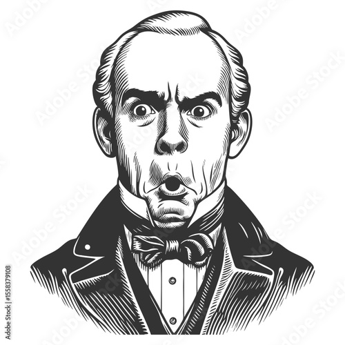 man with wide eyes and puckered lips, expressing shock or amazement in vintage attire sketch engraving generative ai fictional character vector illustration. Scratch board imitation. Black and white.