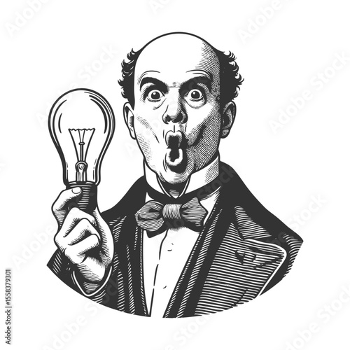 excited Victorian gentleman holding a glowing light bulb, sudden creative idea or realization sketch engraving generative ai fictional character vector illustration. Scratch board. Black and white.