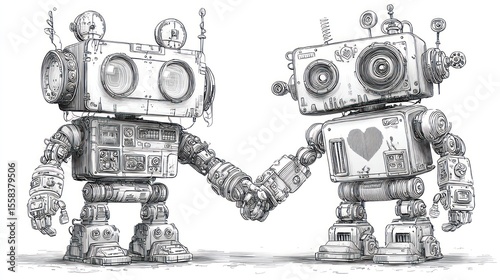 Two whimsical robots holding hands