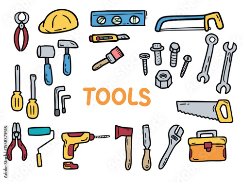 Set of icons with Tools theme. With doodle style. For layout, website, graphic design