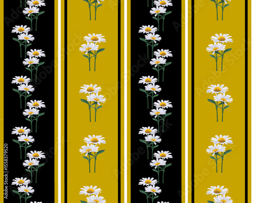 Seamless repeating pattern, striped wallpaper with white daisies on stem with leaves on yellow and black background, perfect for wallpapers, backdrops, textiles, paper. Vector illustration.