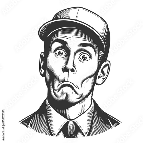 man in a baseball cap making a confused or exaggerated surprised expression sketch engraving generative ai fictional character vector illustration. Scratch board imitation. Black and white image.