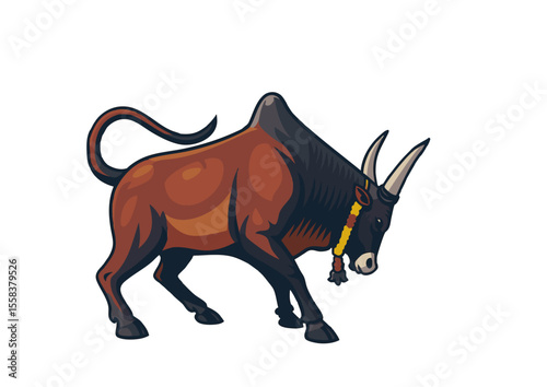 Cartoon vector illustration of an angry jallikattu, bull head with horns, isolated on a white background