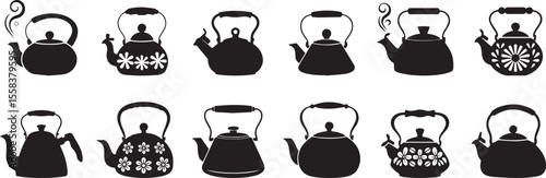 Tea kettle or pot black silhouette set vector illustration icon collection