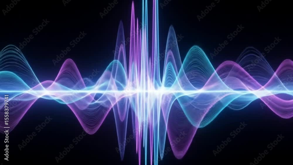 Vibrant symmetrical audio waveform in glowing purple and blue light forming abstract digital signal pattern on black background. Technology concept
