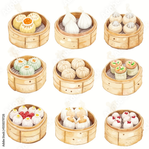Watercolor Dim Sum Variety in Bamboo Steamers Delicious Asian Cuisine.