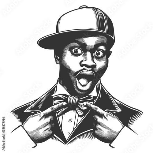 man in a baseball cap and suit, pointing excitedly at his bow tie sketch engraving generative ai fictional character vector illustration. Scratch board imitation. Black and white image.