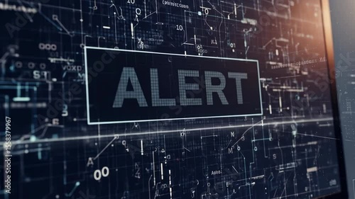 Digital Alert: High-Tech Warning System with Futuristic Interface and Data Stream